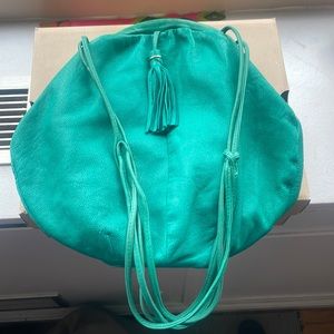 Vintage 80s leather suede with pattern turquoise purse with adjustable strap